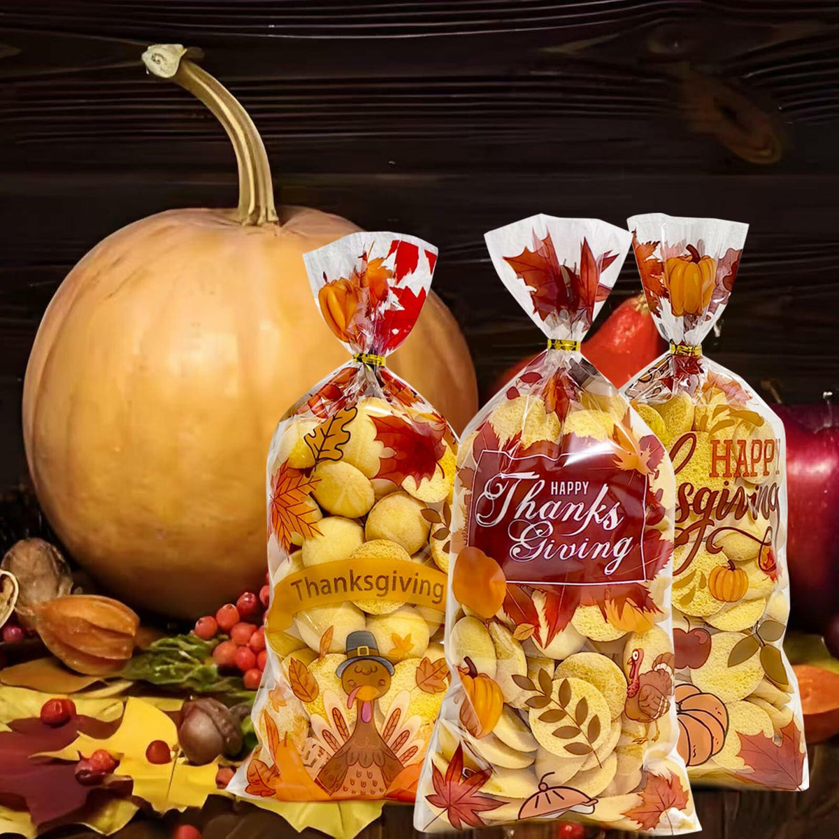 QOIUSO 100PCS Thanksgiving Treat Bags with 110 Twist Ties Pumpkin Leaf
