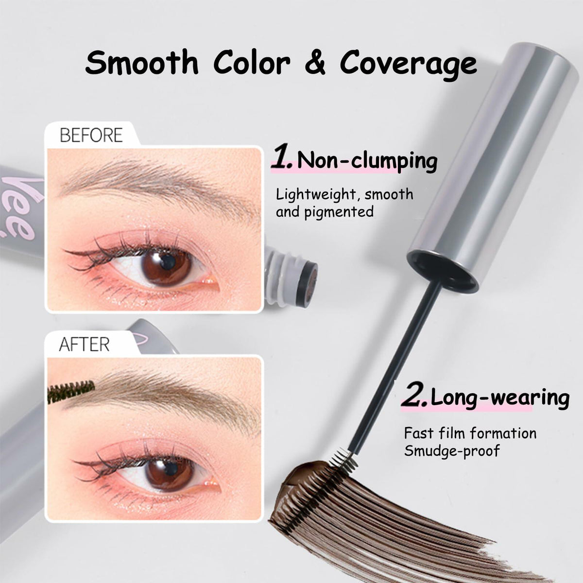 VEECCI Waterproof Eyebrow Gel Mascara Brown Smudge-Proof Long-Wear Makeup