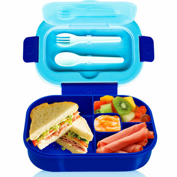 DifaBella Kids Lunch Box – 4-Compartment Bento Box with Spoon & Fork (Blue)