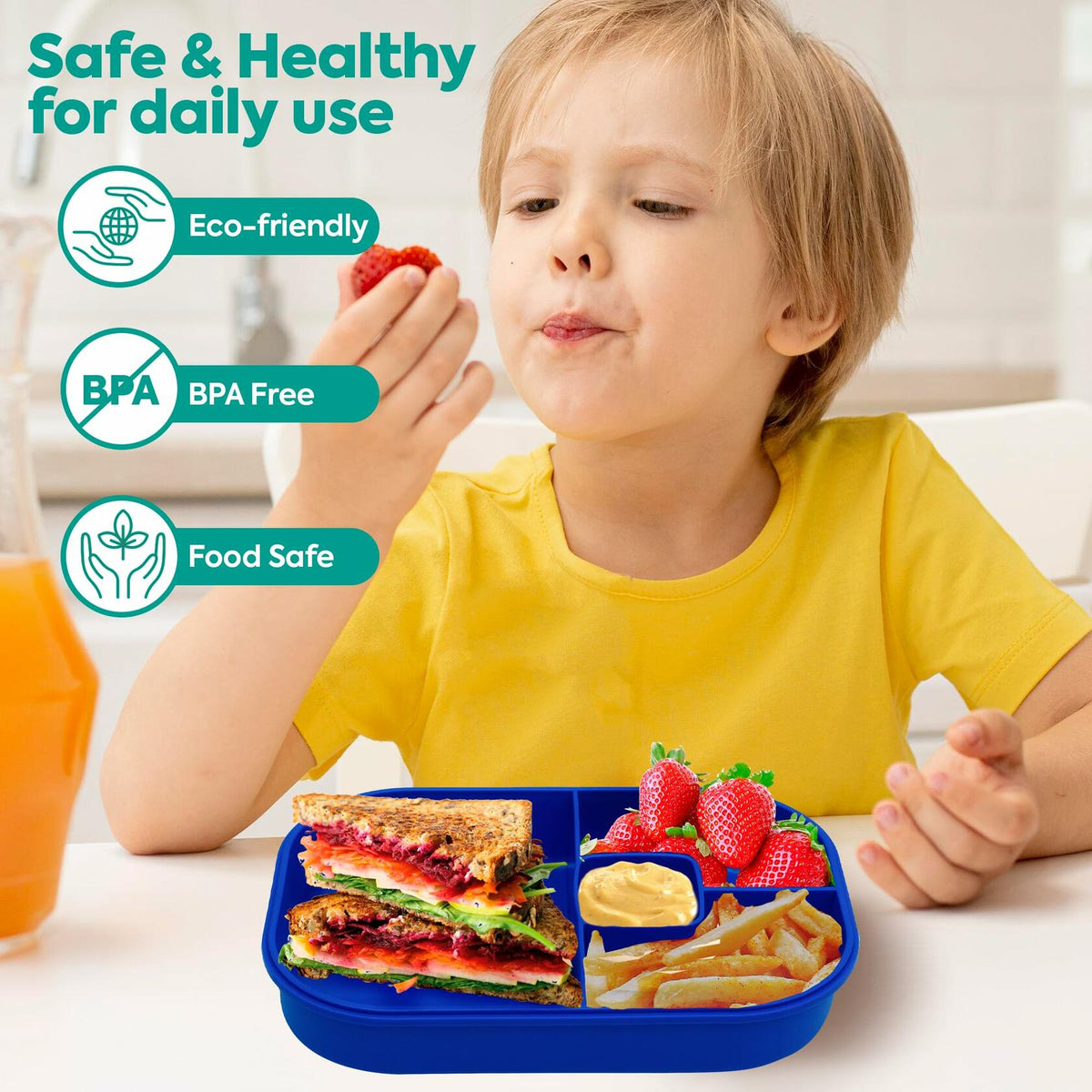 DifaBella Kids Lunch Box – 4-Compartment Bento Box with Spoon & Fork (Blue)
