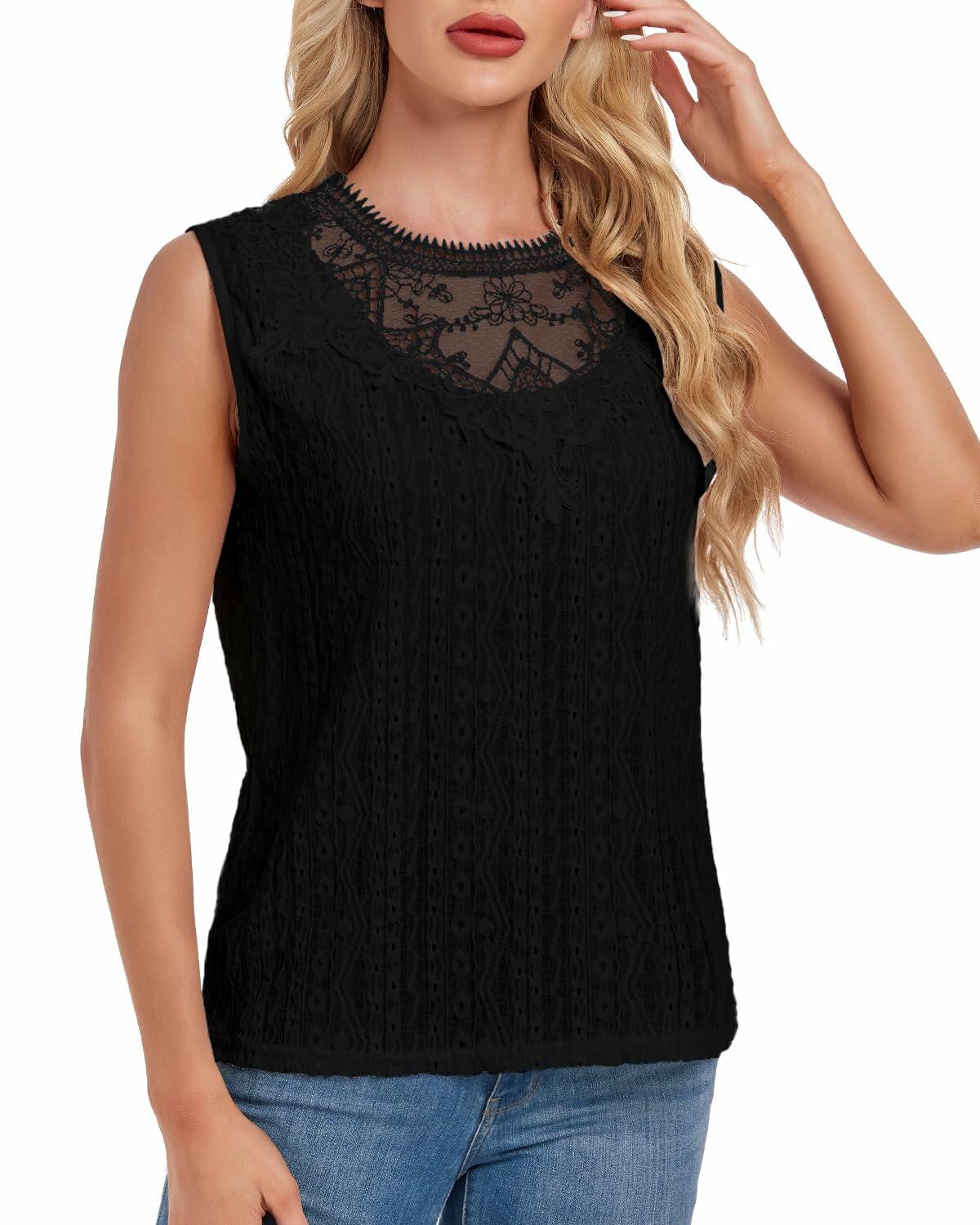 AGWISH Women’s Lace Tank Top Sleeveless Summer Casual Slim Fit Black S