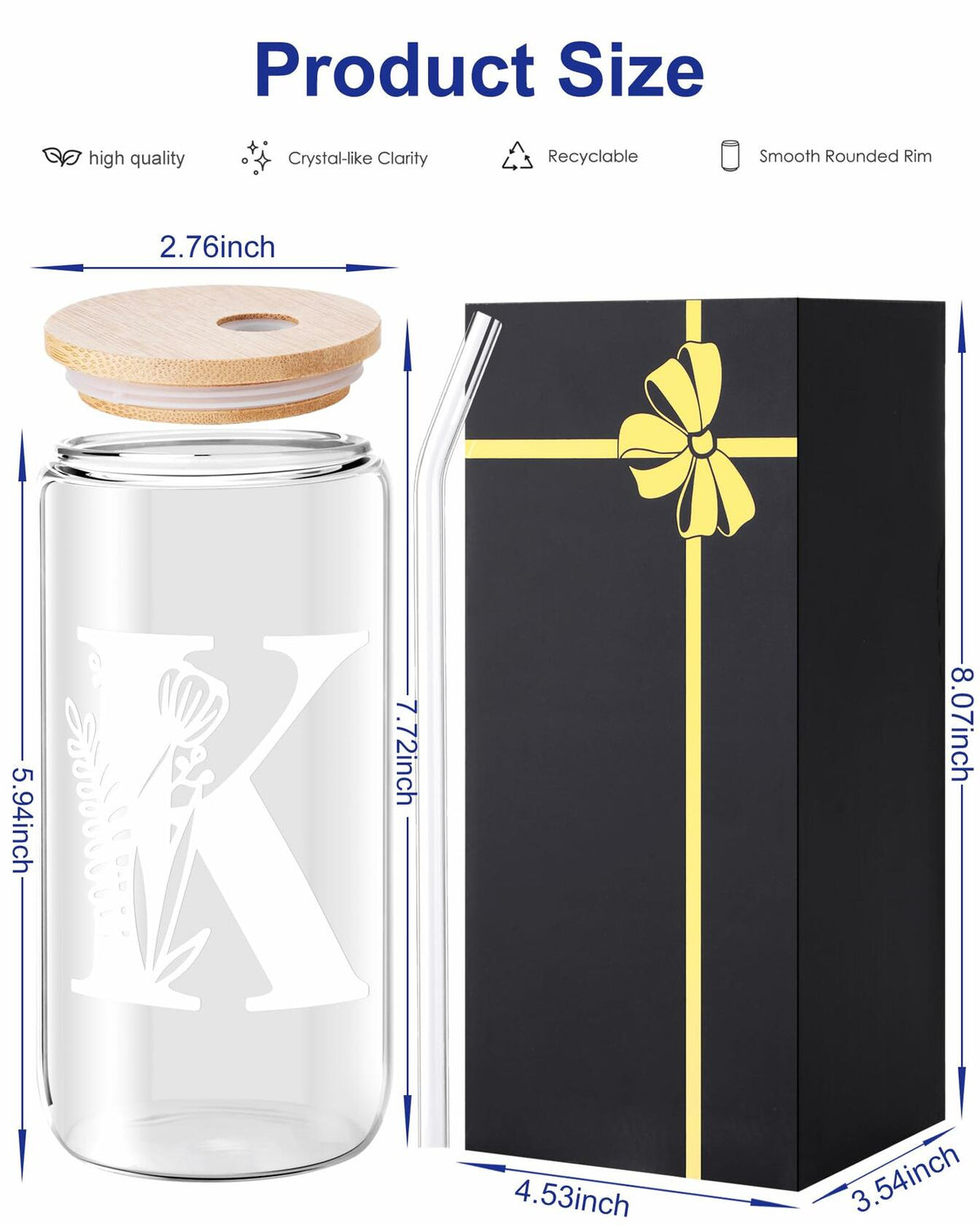 Monogrammed Glass Tumbler Cup with Lid & Straw Personalized Gift OPEN BOX
