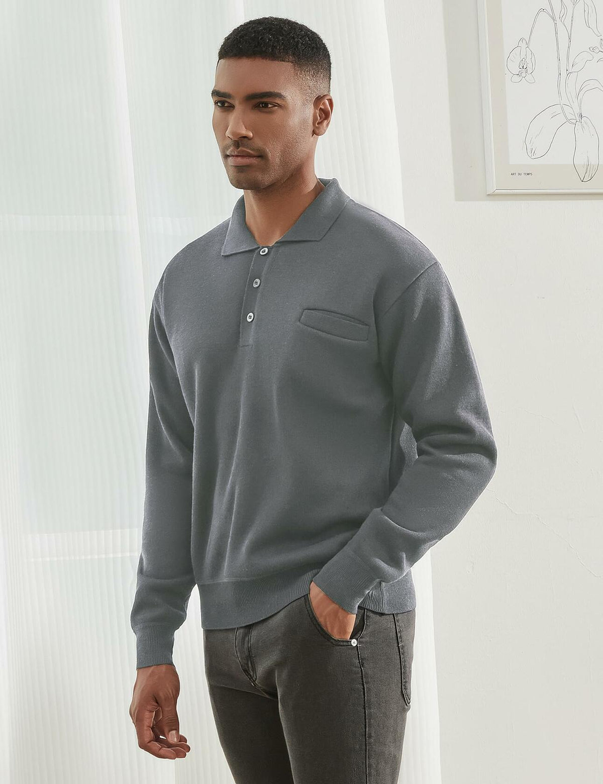 Thkzn Men’s Knit Polo Sweater Grey Long Sleeve Fleece Lined XL Classic
