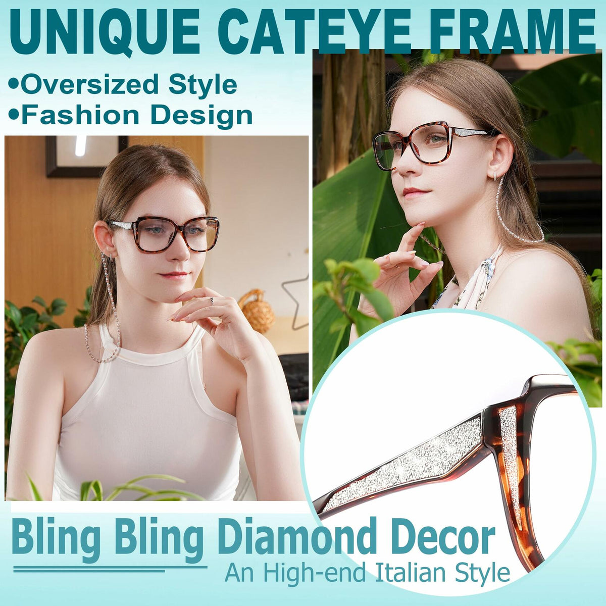 Yiwaeye Oprah Style Oversized Reading Glasses +1.5 with Chain Black/Tortoise