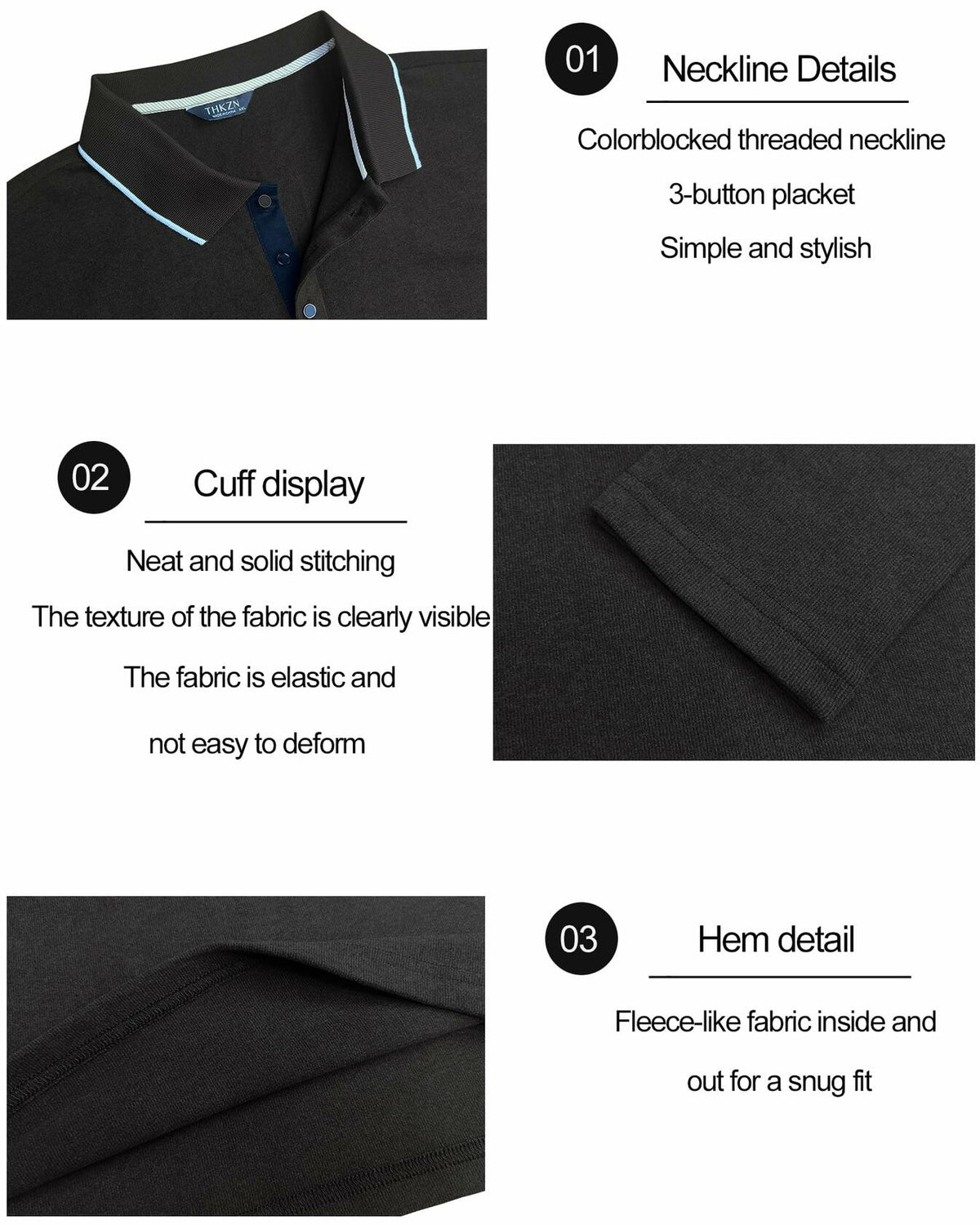 Thkzn Men’s Fleece Lined Polo Shirt Long Sleeve Button Golf Casual Black 2XL