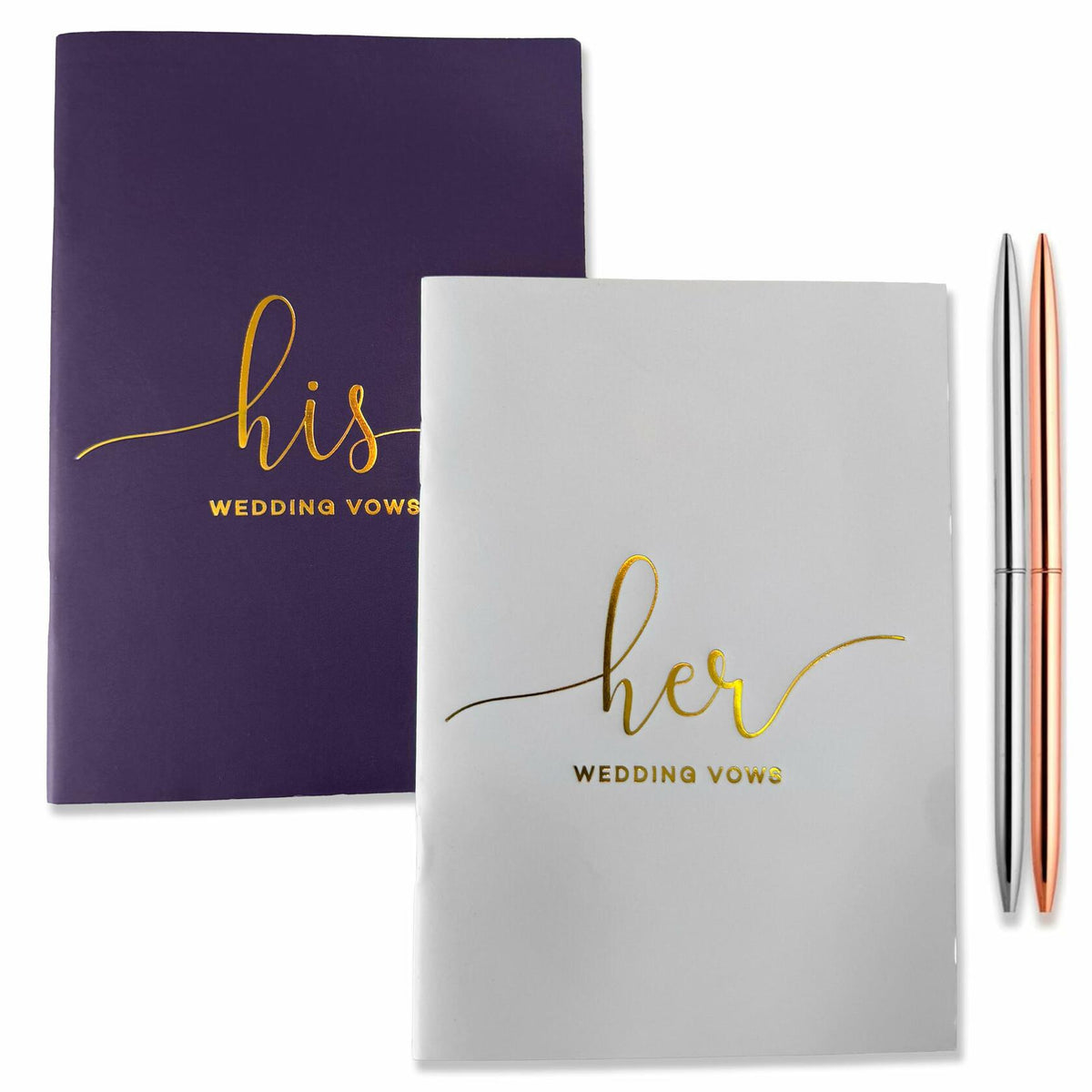 Evoware His & Hers Vow Books Set of 2 Silver Rose Gold Pens 28 Pages