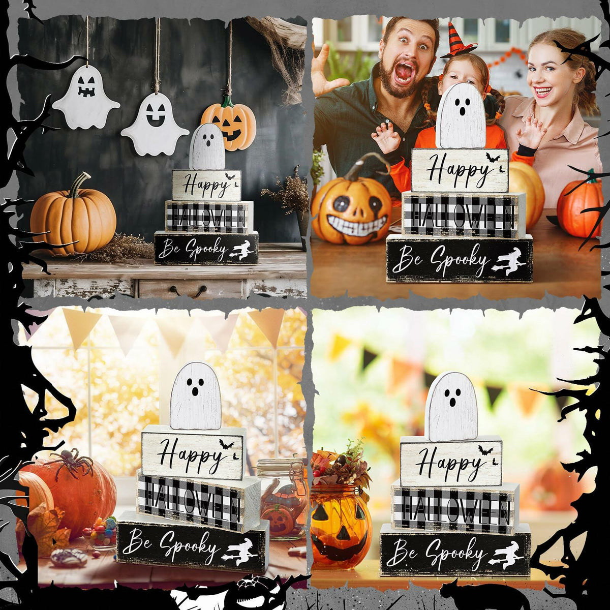 Yalikop Halloween Ghost Table Decor Wooden Block Signs Farmhouse 4 Pcs