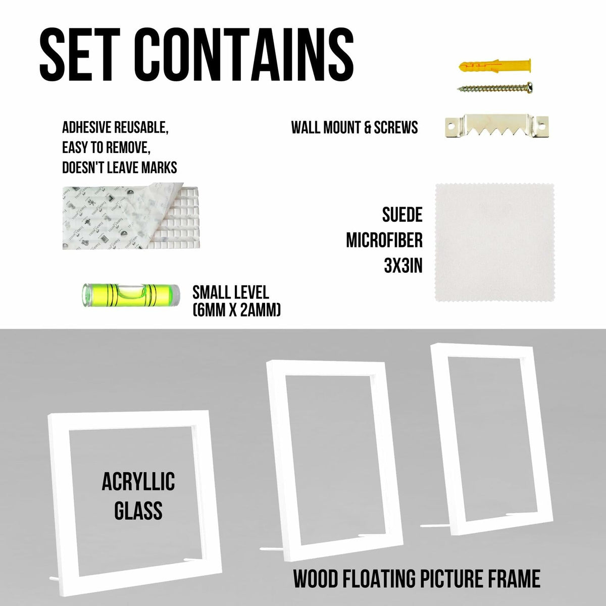 Glass Floating Frames 3 Pcs - Two Sided Square Frames with UV Protection
