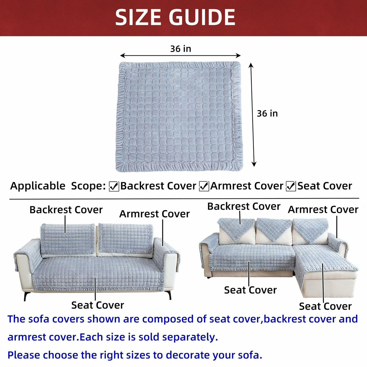 TAOMOCASTL Velvet Sectional Couch Cover Non Slip Sofa Protector Gray 36x36