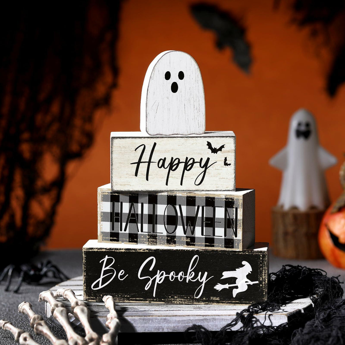 Yalikop Halloween Ghost Table Decor Wooden Block Signs Farmhouse 4 Pcs