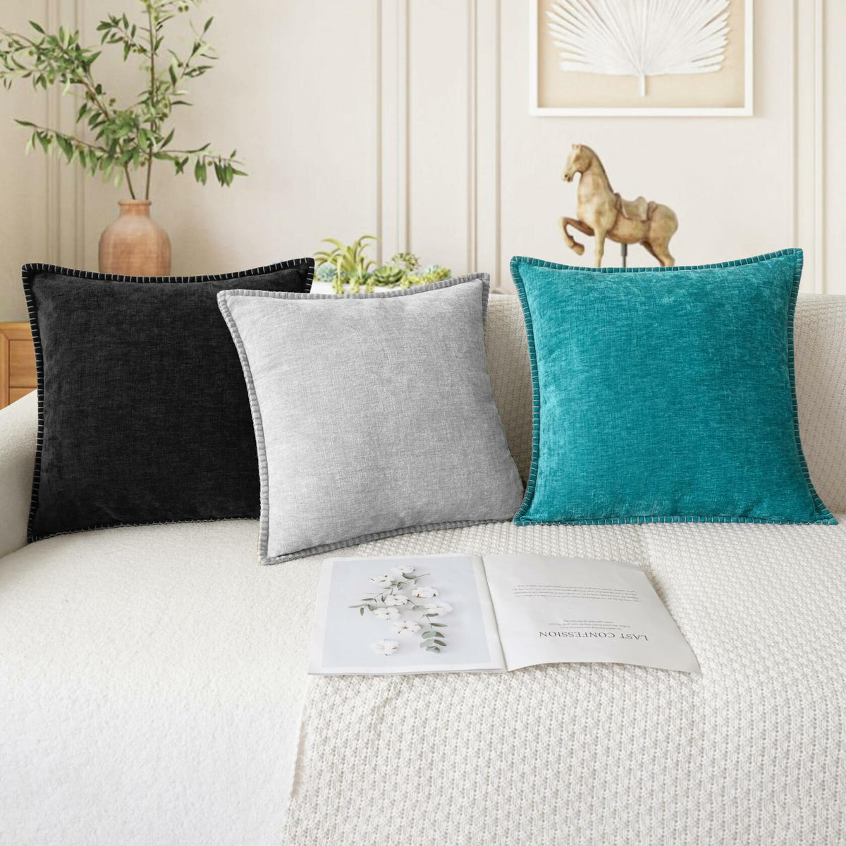 CaliTime Chenille Throw Pillow Covers 24x24 Set of 2 Lake Blue