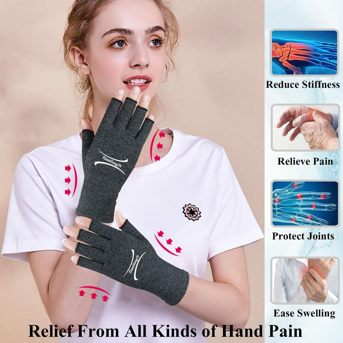 2 Pairs Arthritis Gloves Compression Fingerless Pain Relief Gloves Small