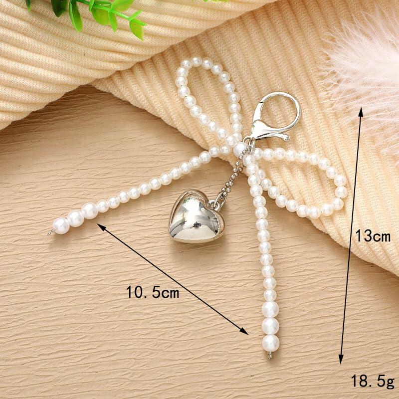AYYSHULAN Bow Heart Keychain Pearl Bowknot Key Ring Bag & Car Accessory White