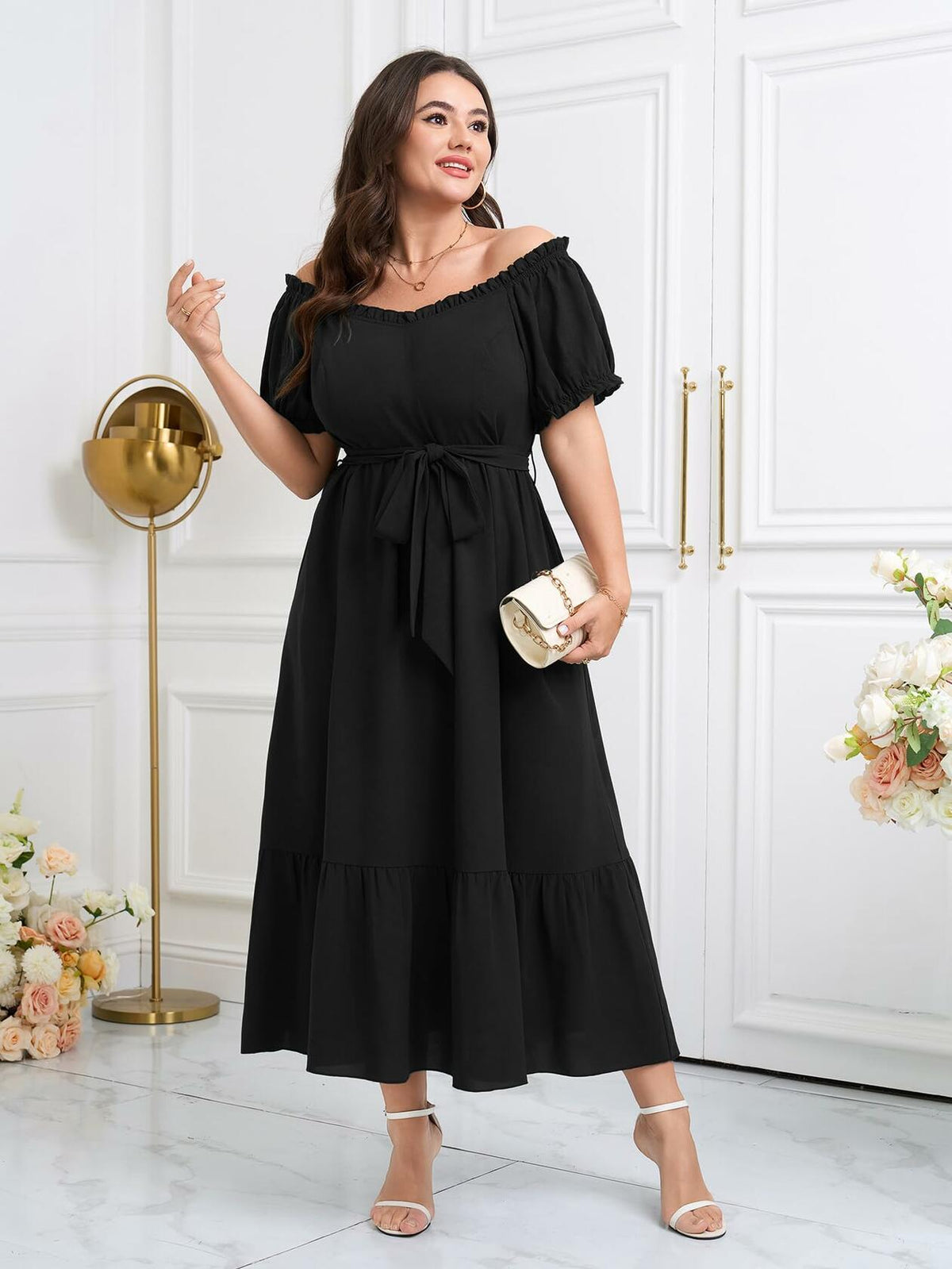 SCOMCHIC Plus Size Off Shoulder Puff Sleeve Maxi Dress Belt Black Size 3X