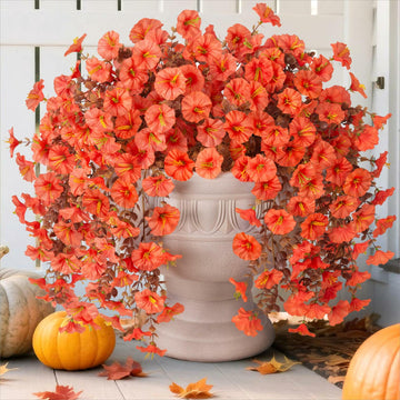HyeFlora Fake Mums Artificial Fall Hanging Flowers 2 PCS Orange Brown Leaves
