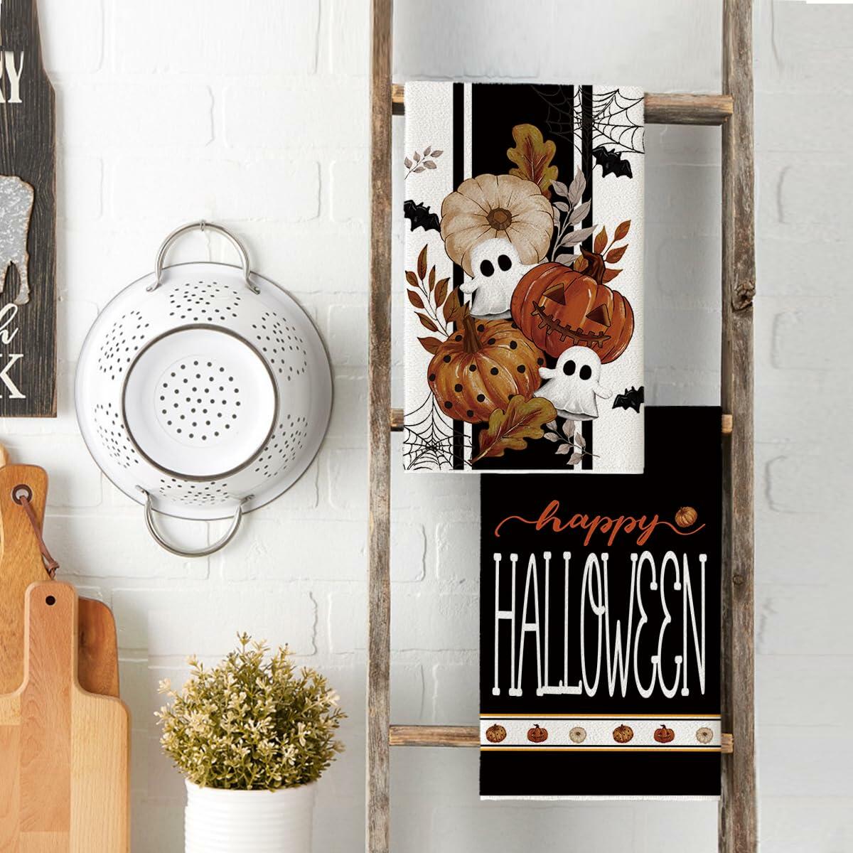 Artoid Mode Halloween Kitchen Towels Set 2 Black Polka Dot Pumpkin 18x26 Inch