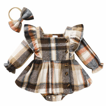 TITKKOP Baby Girl Plaid Romper Dress Bow Headband Khaki Size 6-12M