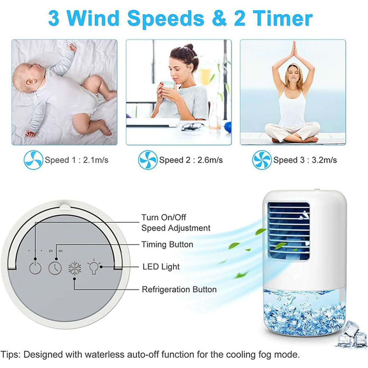 YUYTE Portable Air Conditioner Cooler Humidifier 3 Speeds 7 Colors 500ML White