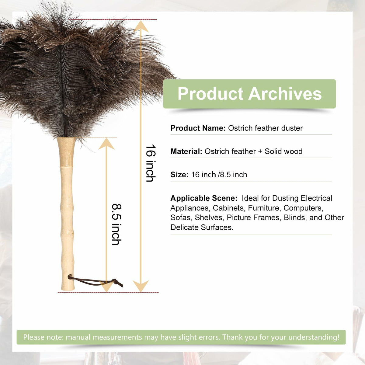 Greenfeather Small Ostrich Feather Duster 16in Wooden Handle 2 Pack