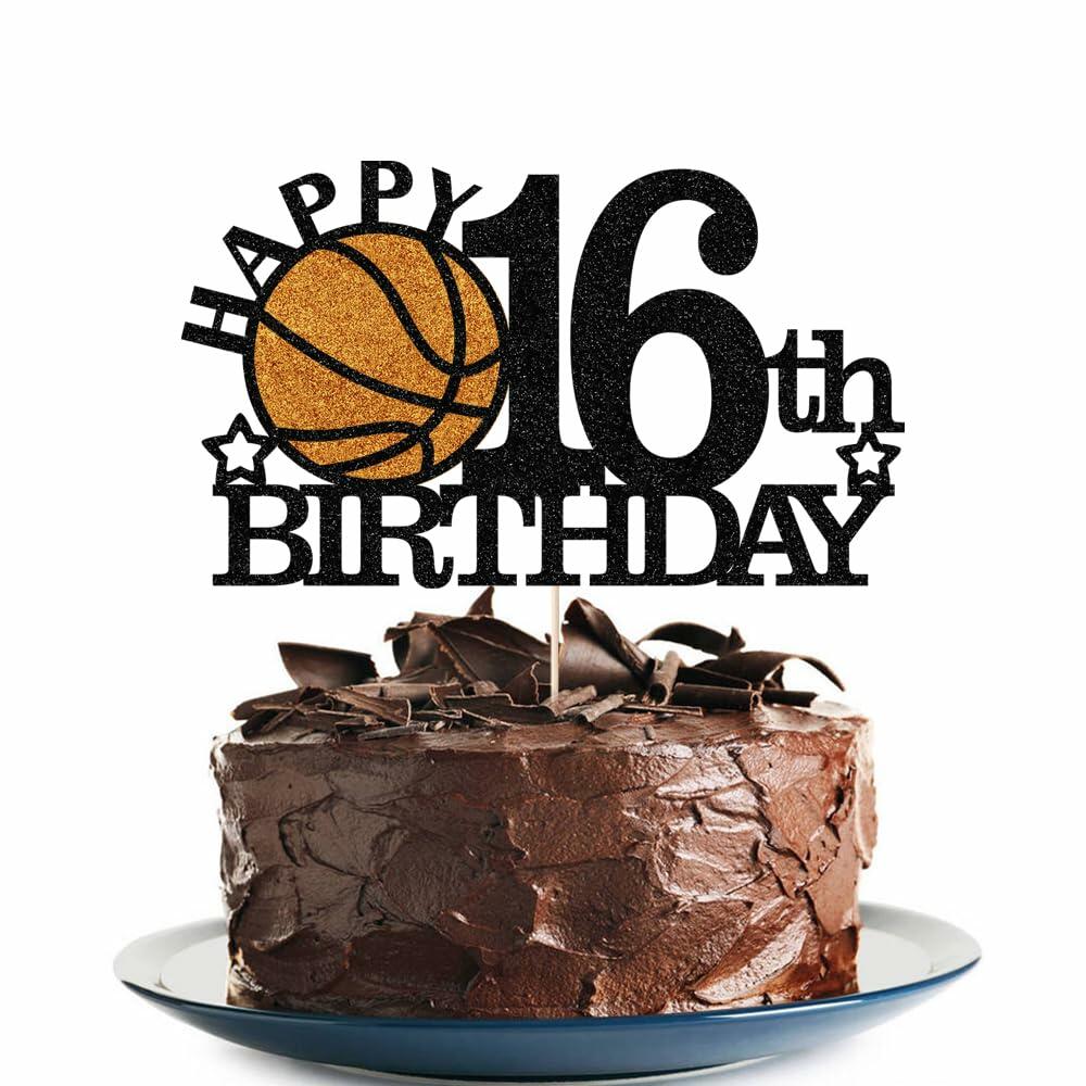 Klionjor Basketball 16th Birthday Cake Topper Black Glitter 16 Count Cardboard