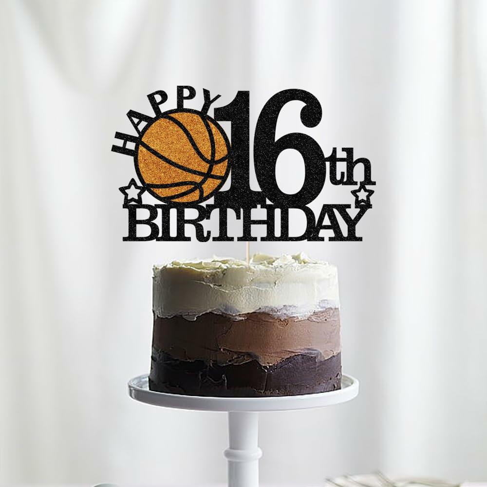 Klionjor Basketball 16th Birthday Cake Topper Black Glitter 16 Count Cardboard