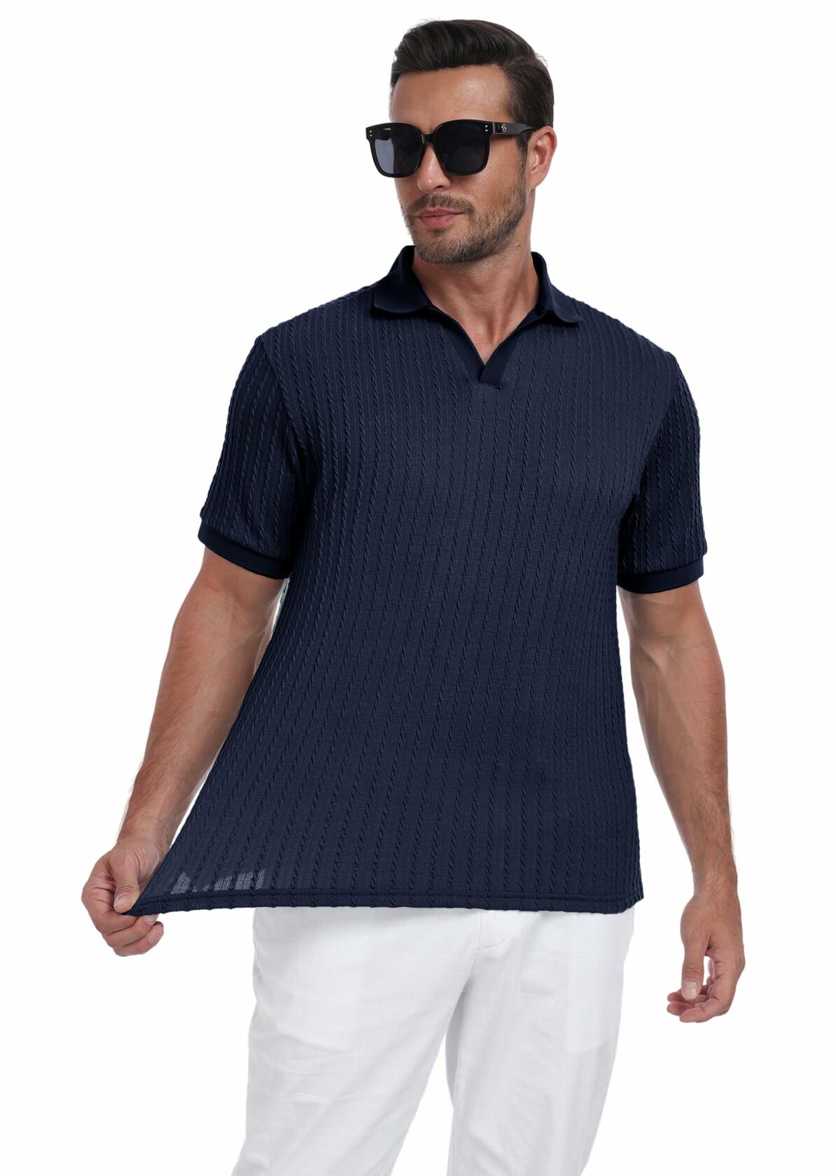 Knit Polo Shirt Men V Neck Buttonless Short Sleeve Navy Size M