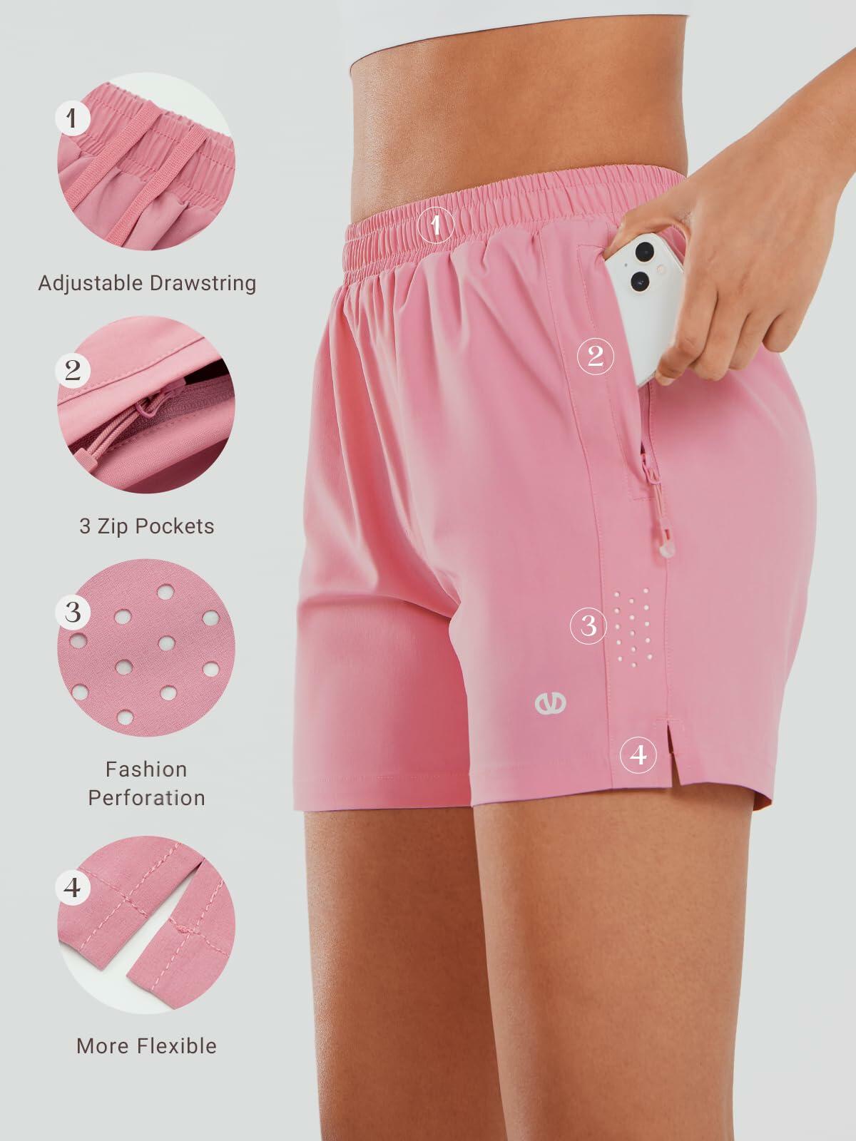 ALLZERO Women's 5" Quick Dry Running Shorts Zip Pockets Powderpink Size 2XL