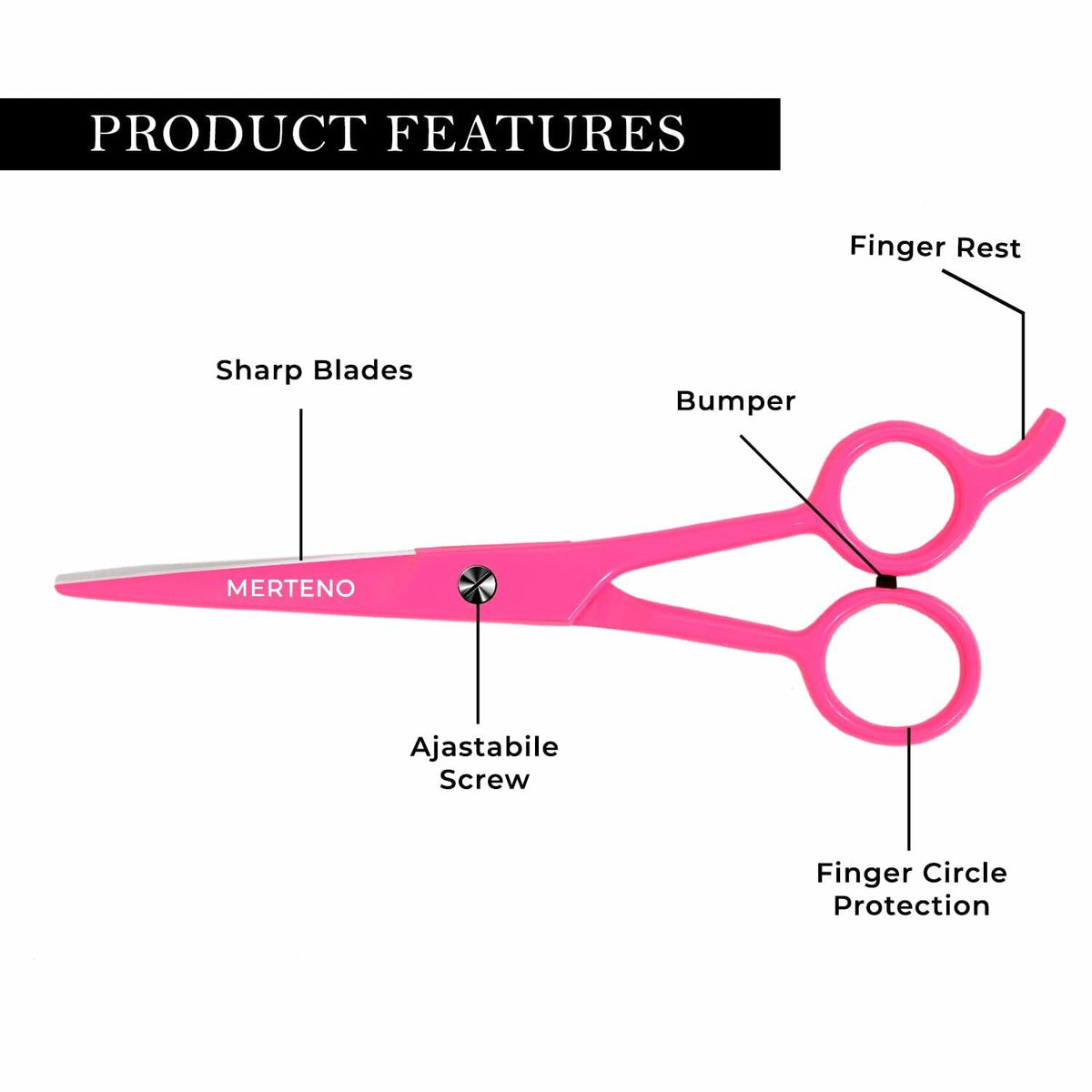 MERTENO Professional Hair Scissors 6.5 Inch Pink Rubber Handle Shears