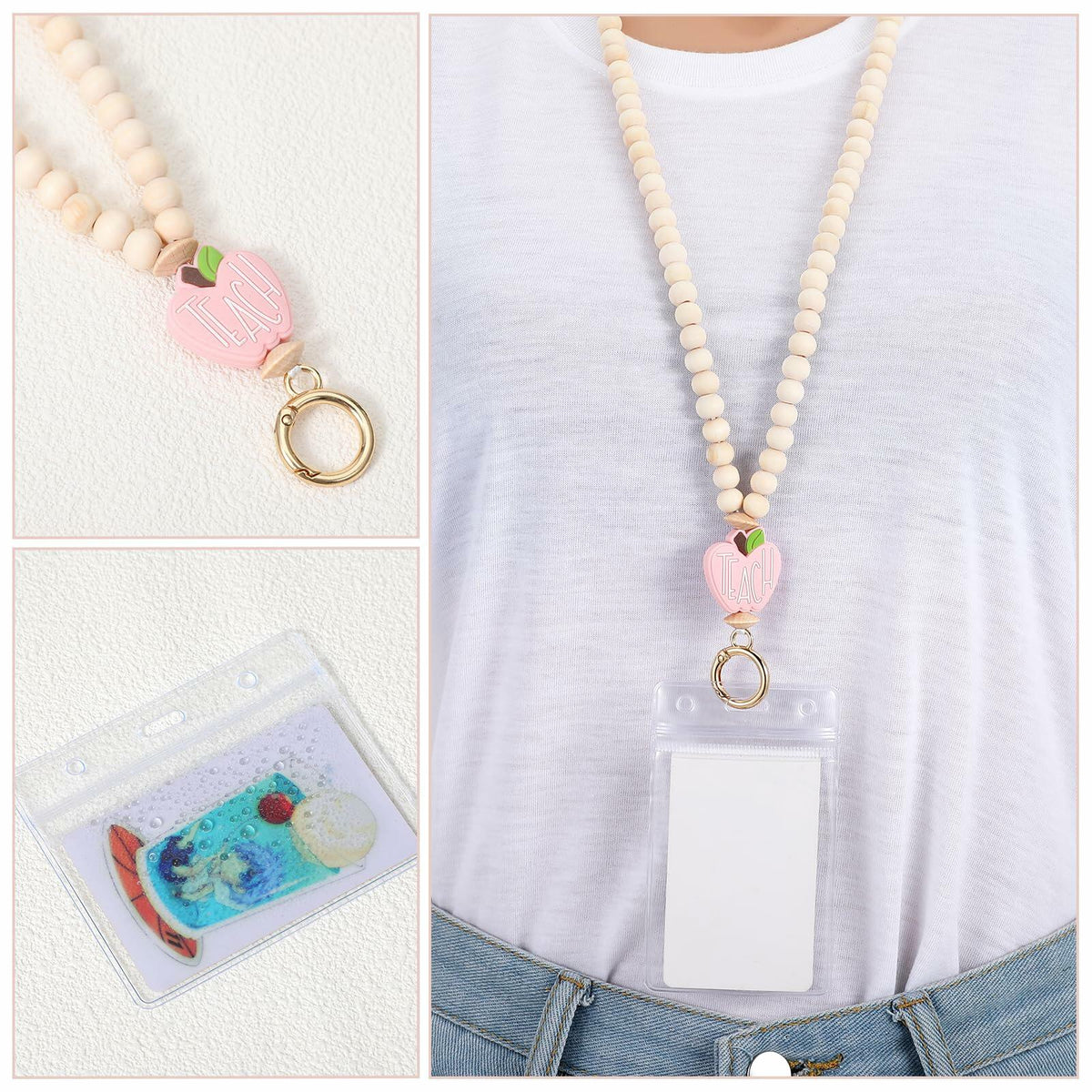 Bremorou Teacher Lanyard with ID Holder, Pink Wooden Beaded Boho Tassel