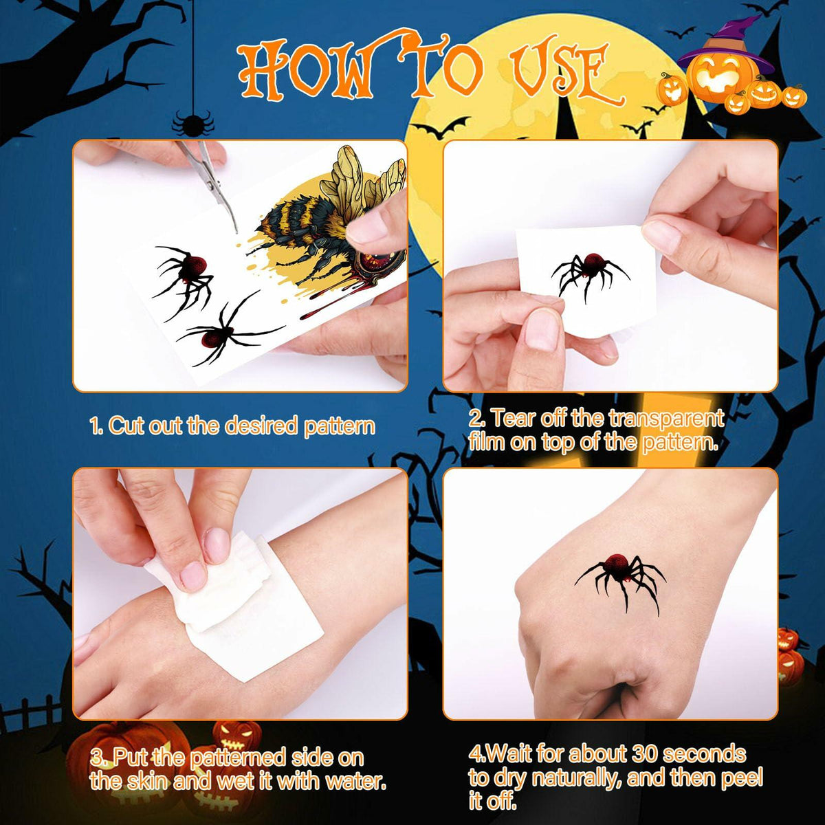 Halloween Temporary Tattoos 36 Sheets Scary Joker Pumpkin Skull Ghost Bats