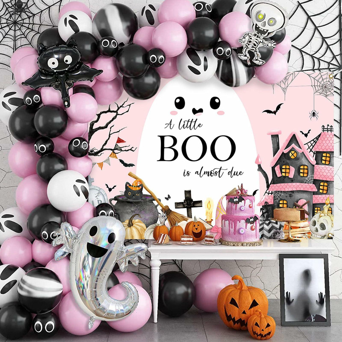 Mocsicka Little Boo Halloween Baby Shower Backdrop Banner Pink Black 70.8x43.3in
