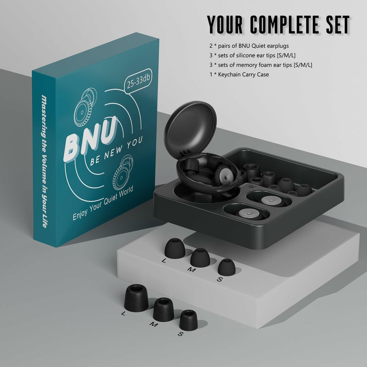 BNU Ear Plugs Noise Cancelling 25-35dB Reusable 2 Pairs S/M/L Black