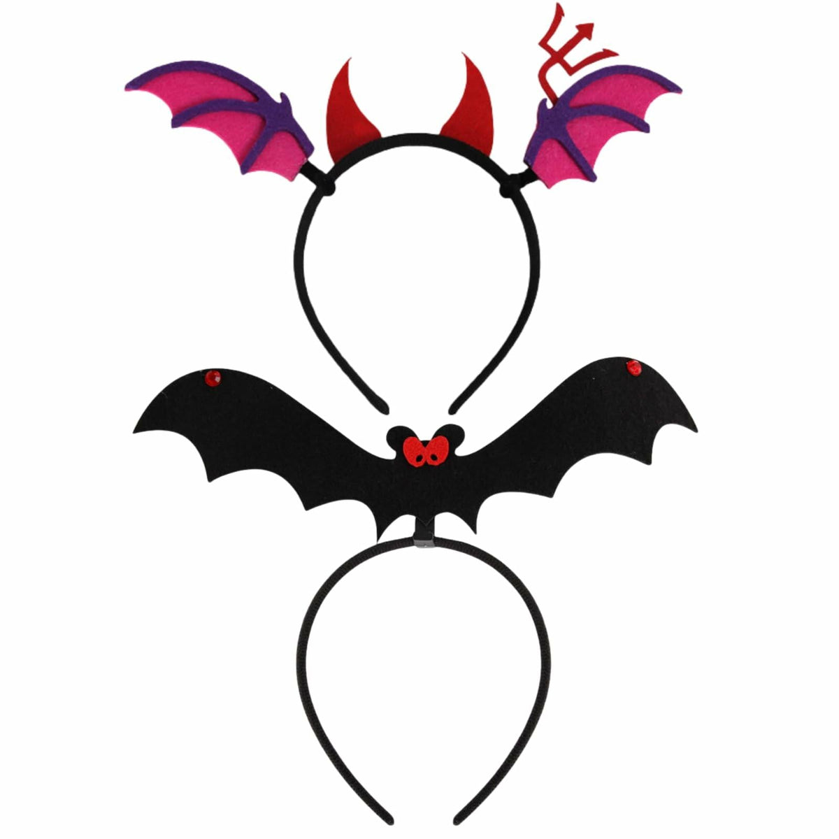 Qiexuxing Halloween Headband 2-Pack Bat & Devil Horns Black Felt