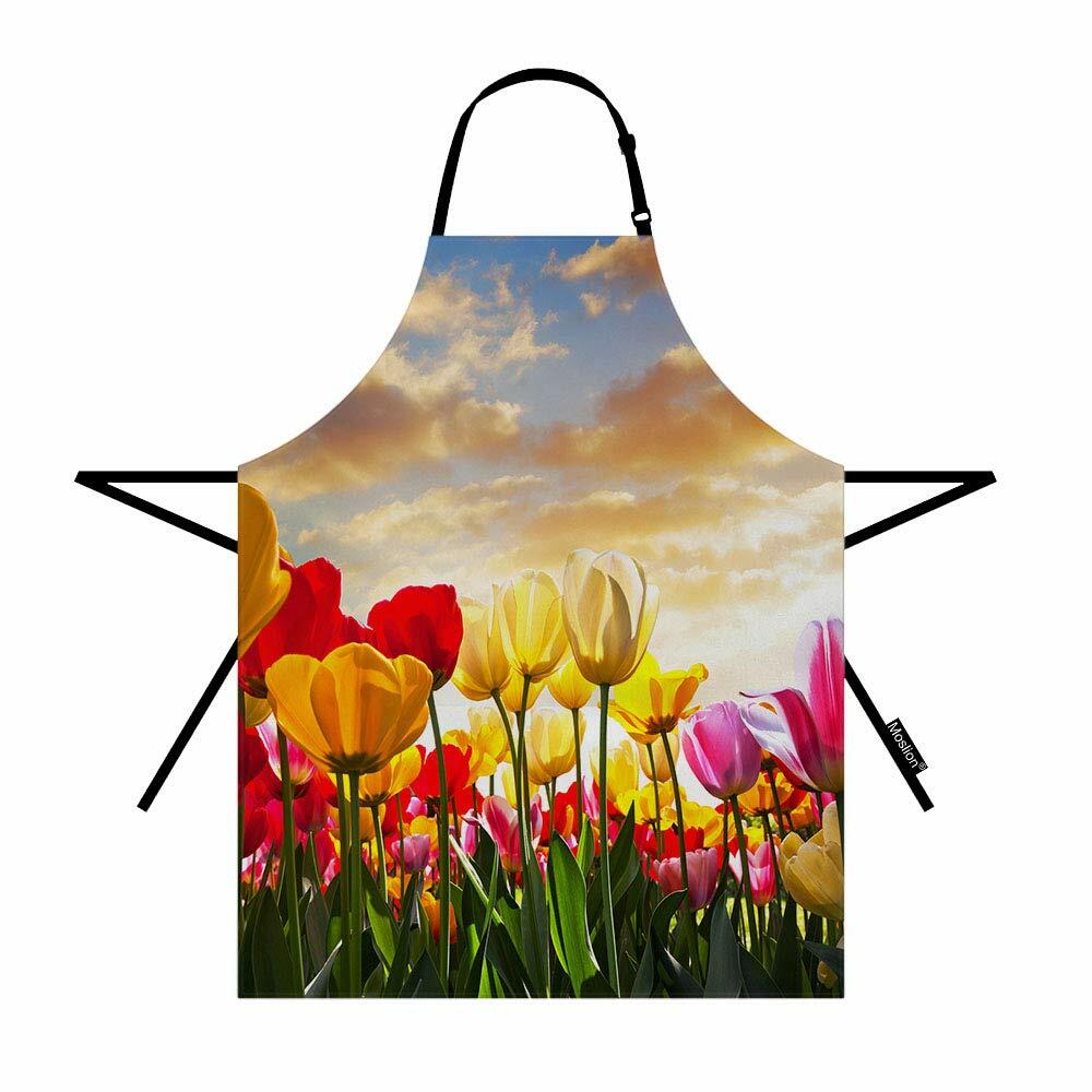 Moslion Tulip Apron Floral Pink Yellow Green Adjustable Neck Size 27x31 Inch
