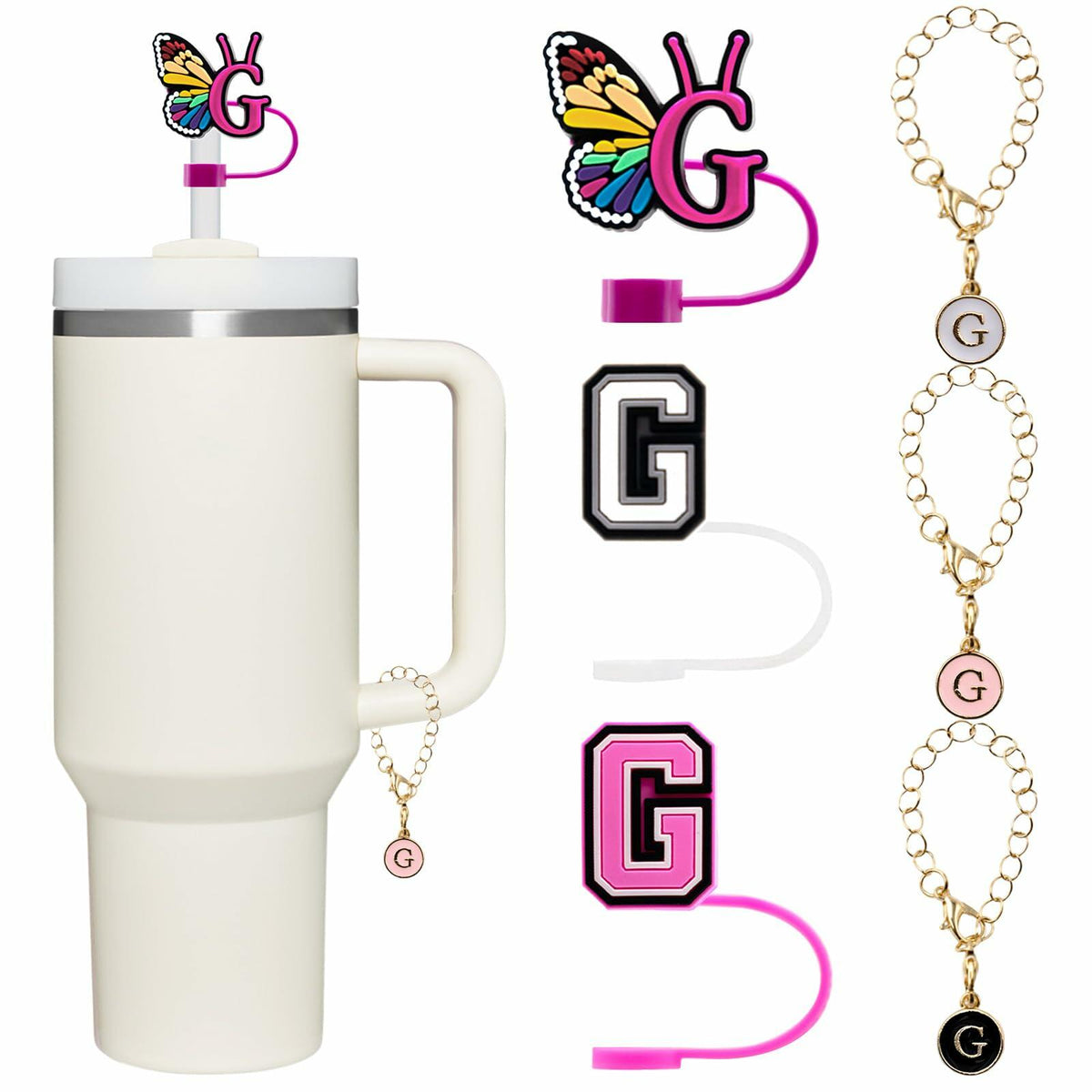 Stanley Cup Straw Covers 3-Pack with Personalized Initial Charms 30&40oz