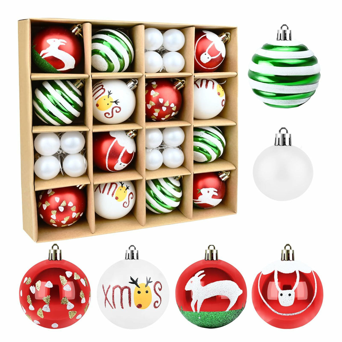 yintok Christmas Ornaments Balls 37ct 2.36" & 1.18" Red Green White Xmas