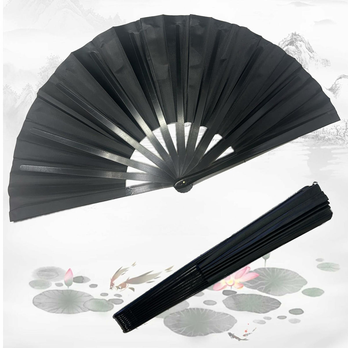 Clussbin Boots on The Ground Hand Fan Large Folding Black Wood