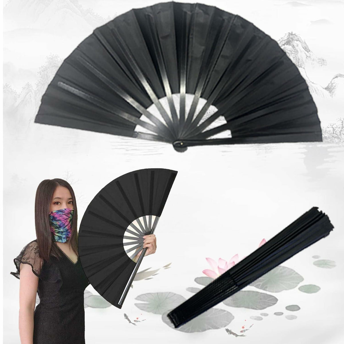 Clussbin Boots on The Ground Hand Fan Large Folding Black Wood
