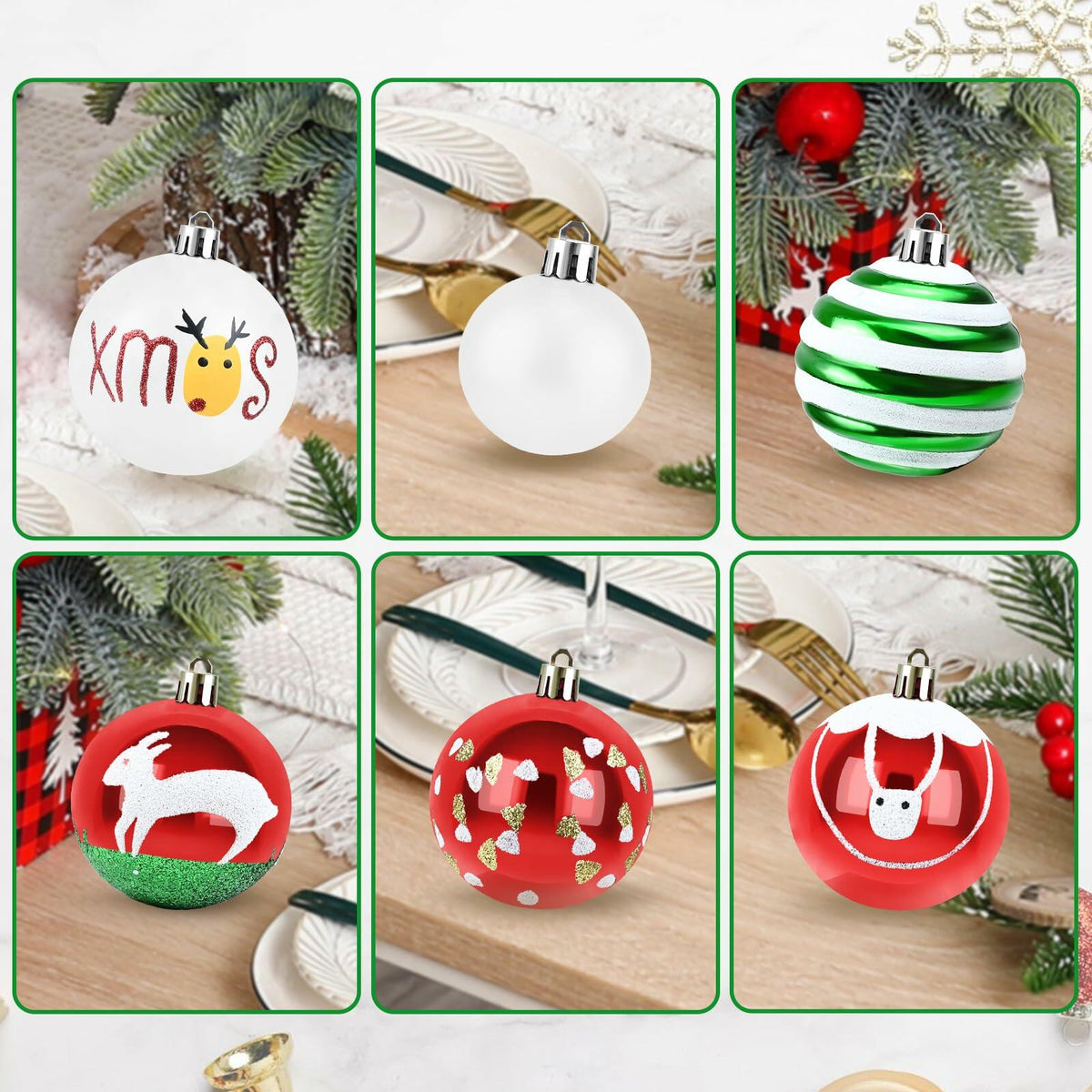 yintok Christmas Ornaments Balls 37ct 2.36" & 1.18" Red Green White Xmas