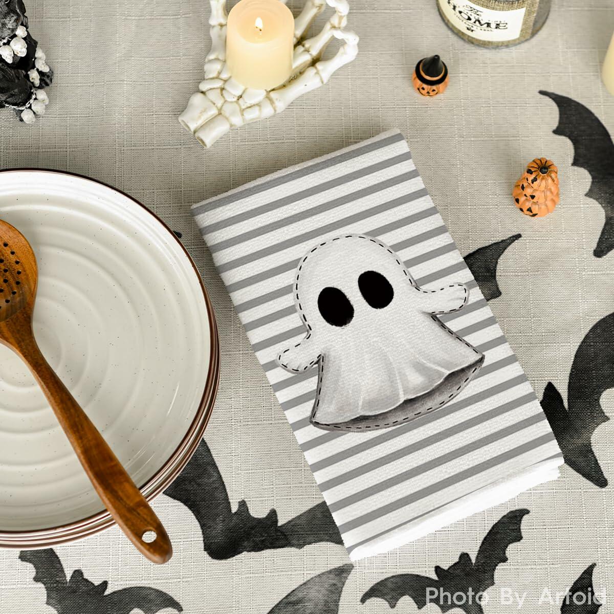 Artoid Mode Halloween Kitchen Towels Ghost Stripes Spider Web 18x26 Set 2