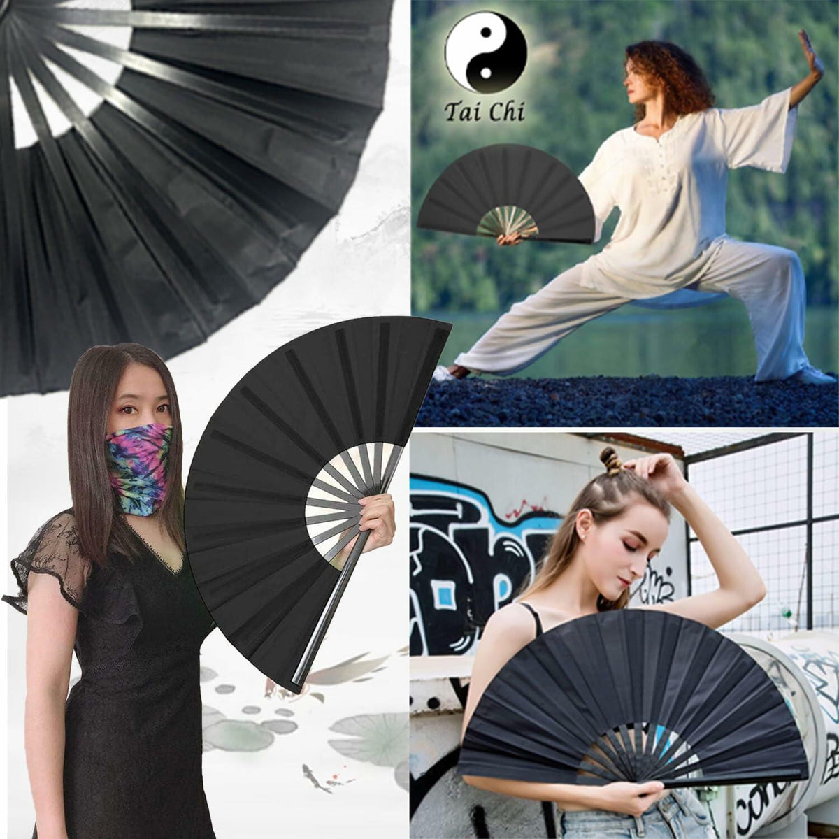 Clussbin Boots on The Ground Hand Fan Large Folding Black Wood