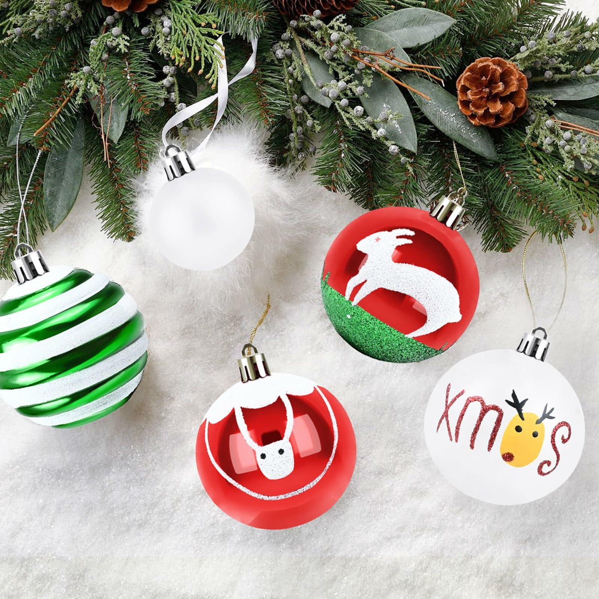 yintok Christmas Ornaments Balls 37ct 2.36" & 1.18" Red Green White Xmas