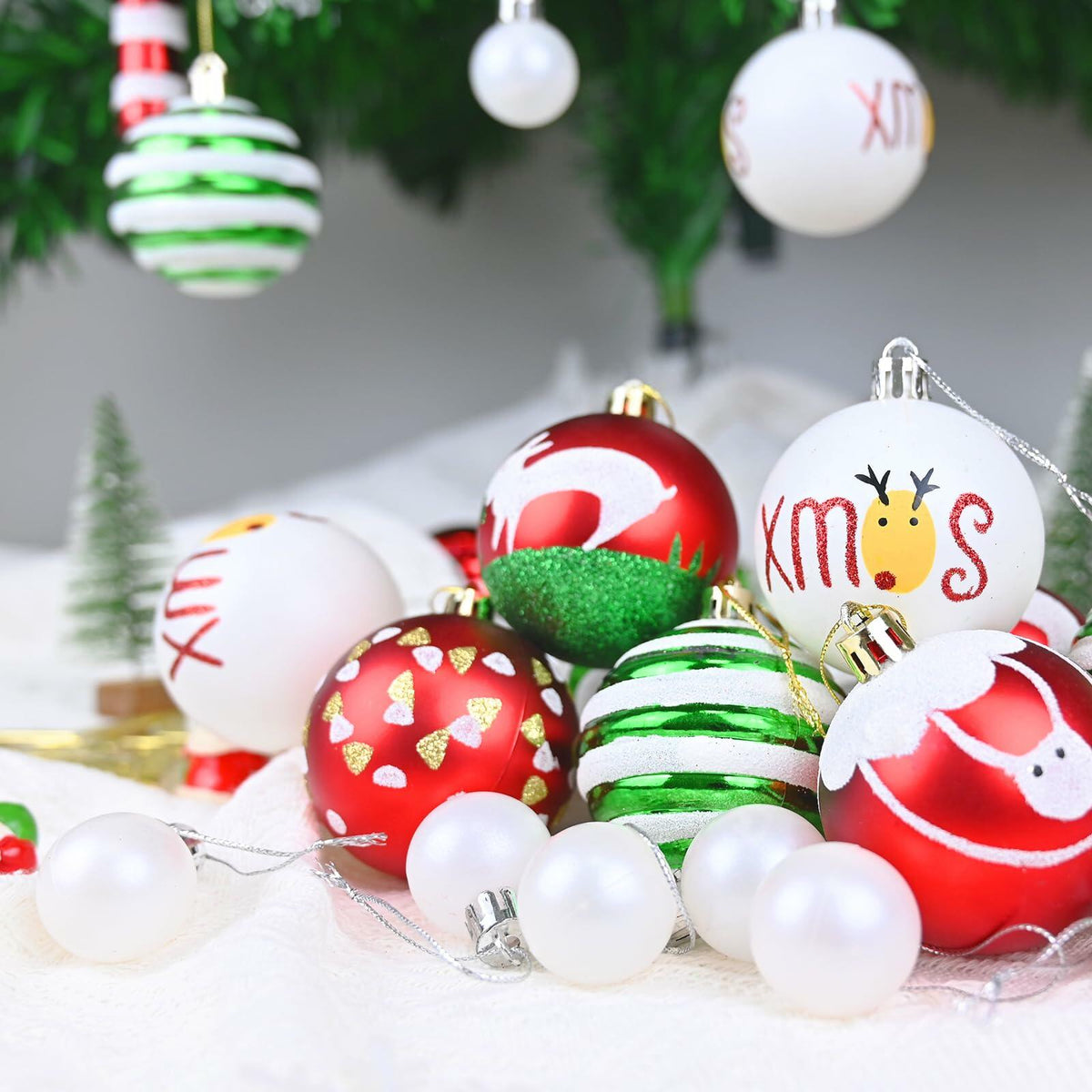 yintok Christmas Ornaments Balls 37ct 2.36" & 1.18" Red Green White Xmas