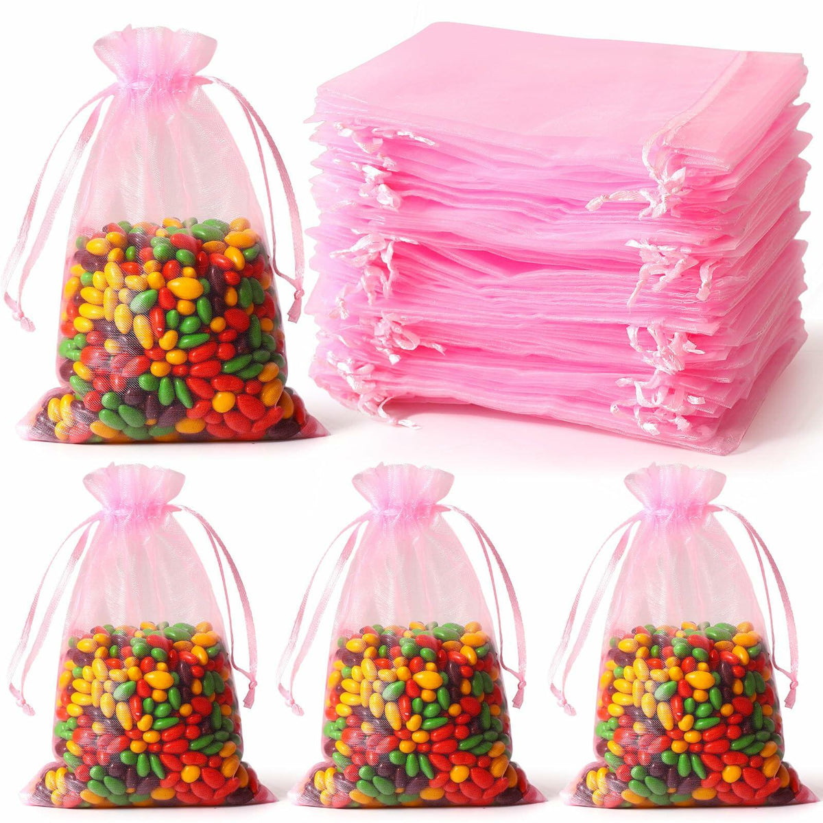 WenTao Organza Gift Bags 4x6in Pink 100pcs Drawstring Jewelry Pouches