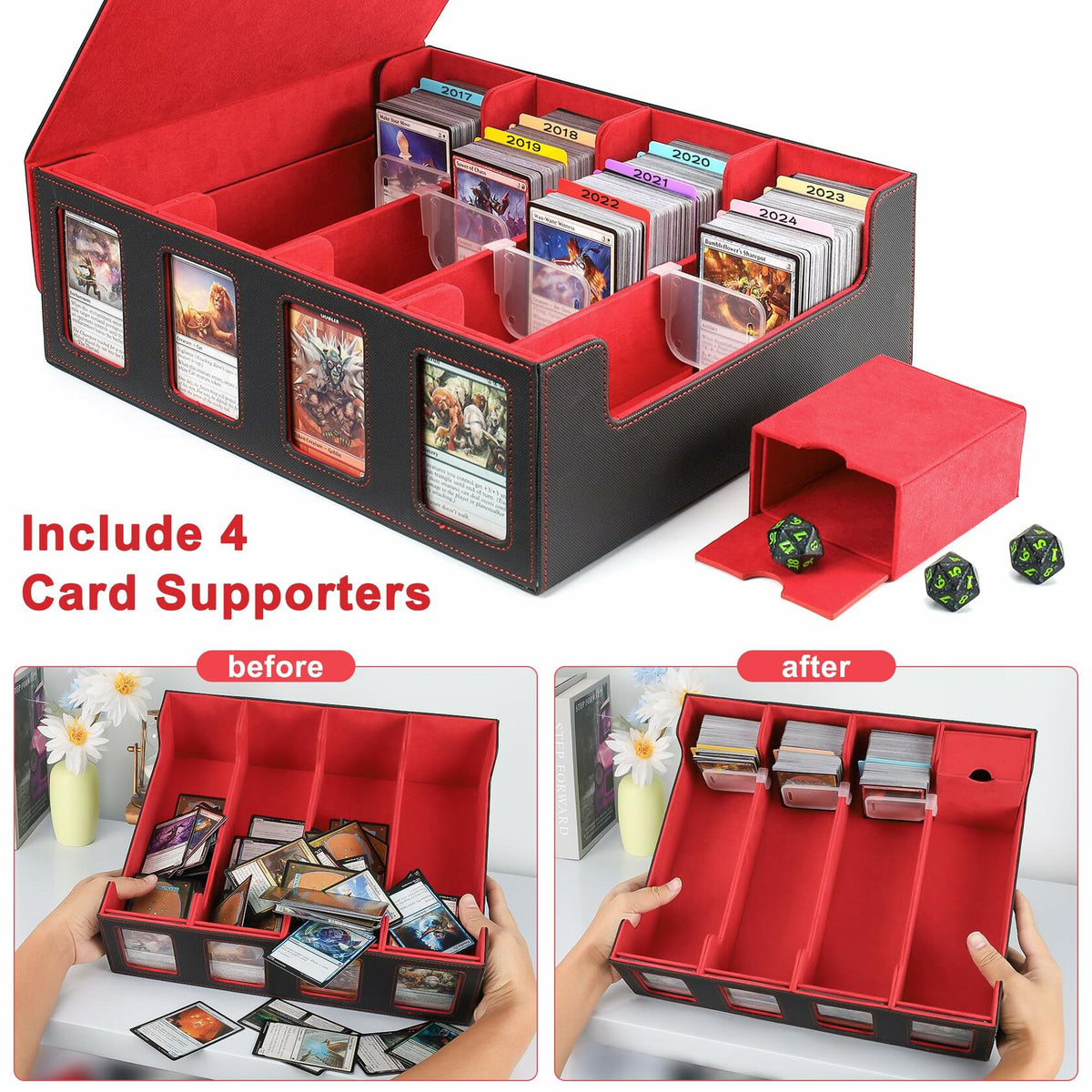 KEGGTUN Card Deck Storage Box for 3000+ MTG Cards with Dividers Dice Red&Black