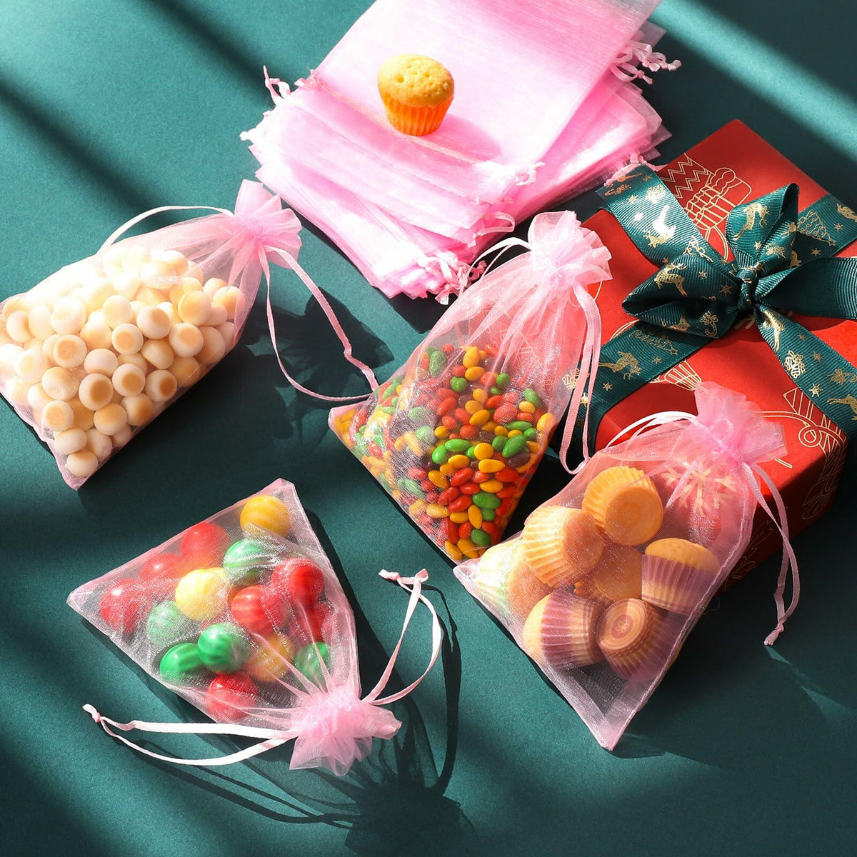 WenTao Organza Gift Bags 4x6in Pink 100pcs Drawstring Jewelry Pouches