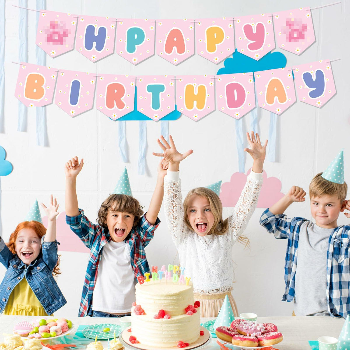 Marspark Blue Dog Birthday Banner with Daisy Flowers Pastel Colorful