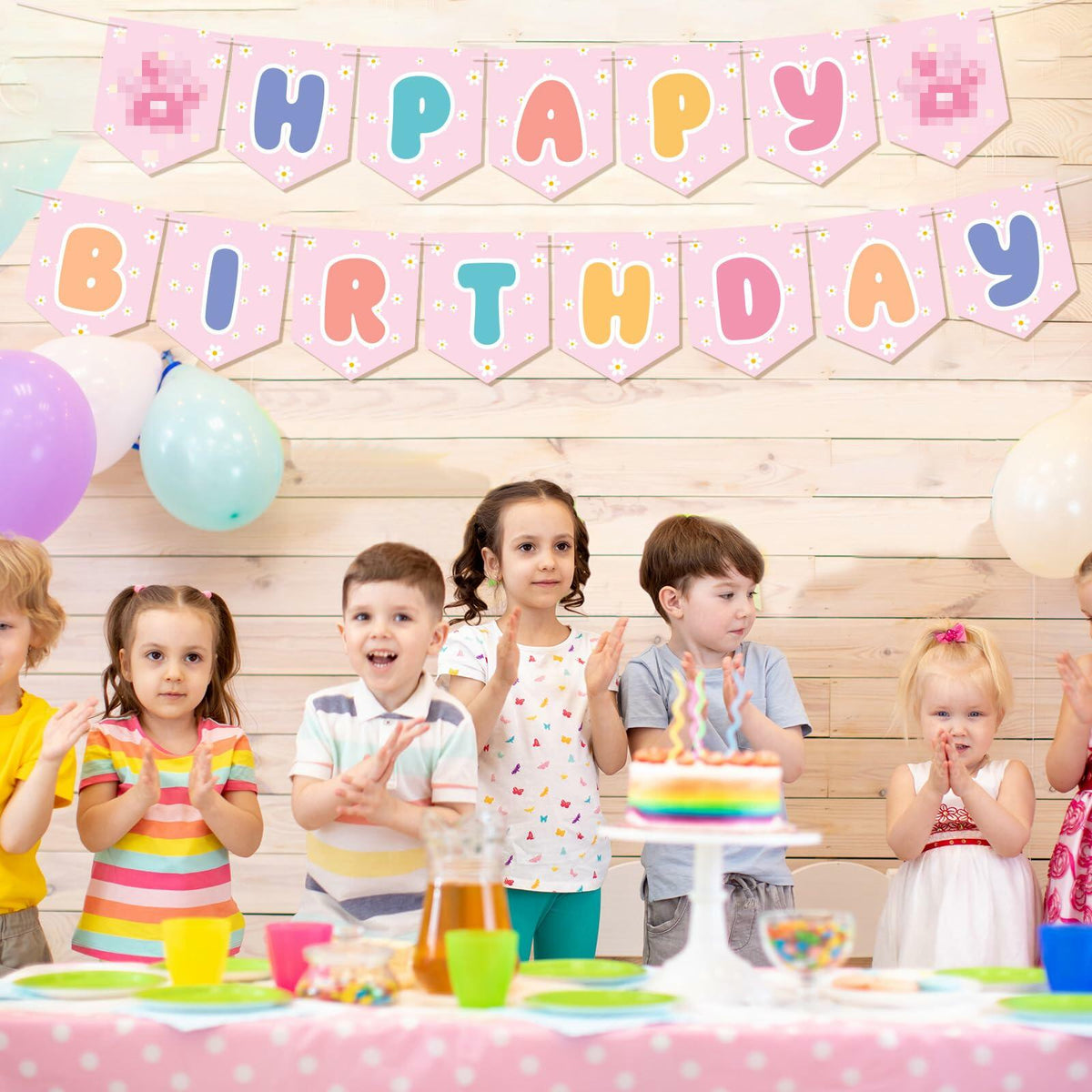 Marspark Blue Dog Birthday Banner with Daisy Flowers Pastel Colorful