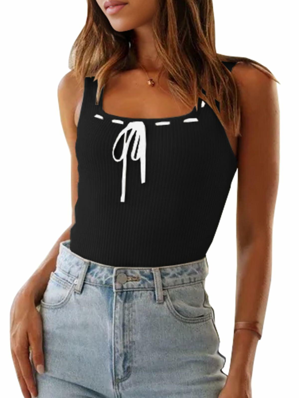 Imily Bela Womens Square Neck Ribbed Tank Top Black Size M