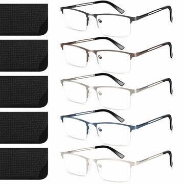 ORANZI 5-Pack Blue Light Blocking Reading Glasses, Half Metal Frame, 1.00